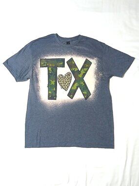 Texas TX Graphic Tee Blue Camo Leopard Heart Shirt Size Large Casual Western